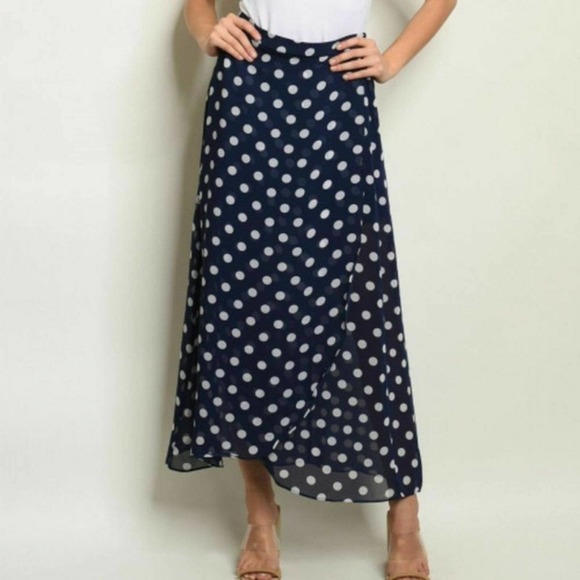 Hollywood Rage Wholesale Dresses & Skirts - Polka Dot Navy & White Maxi Skirt Size Medium